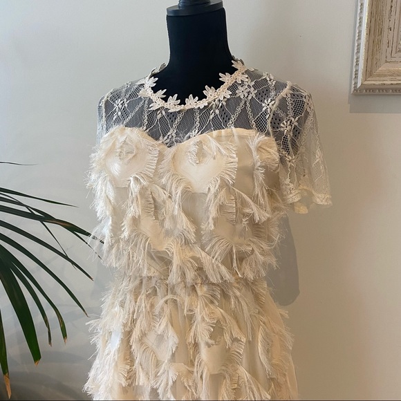 VALLEYGIRL Dust Pink Fringe Midi Dress Lace Romantic Evening Fit & Flare Size 8 - Picture 3 of 14